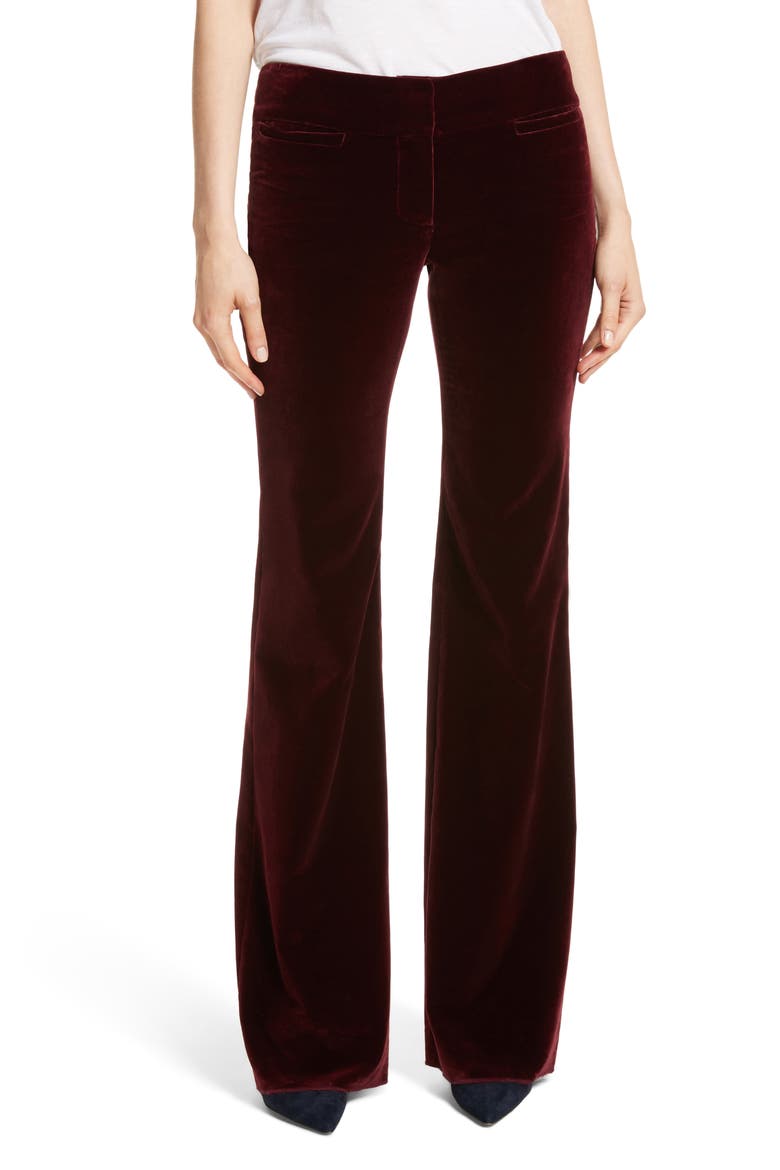 Amoire Velvet Flare Pants, Main, color, BURGUNDY
