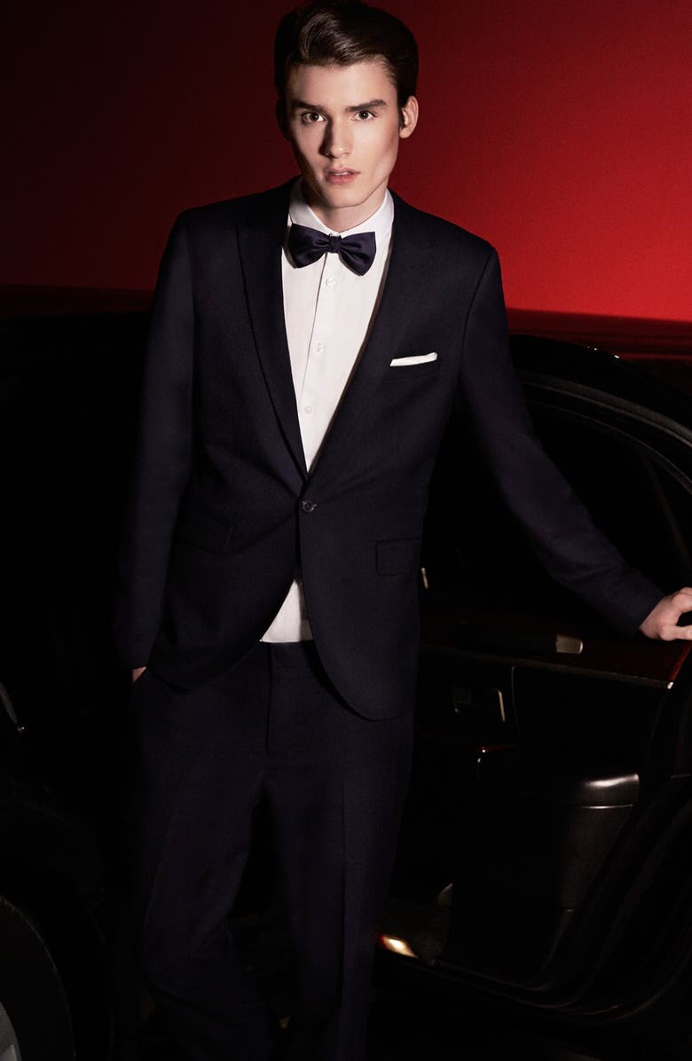 Topman Black Textured Skinny Fit Tuxedo Jacket, Alternate, color,