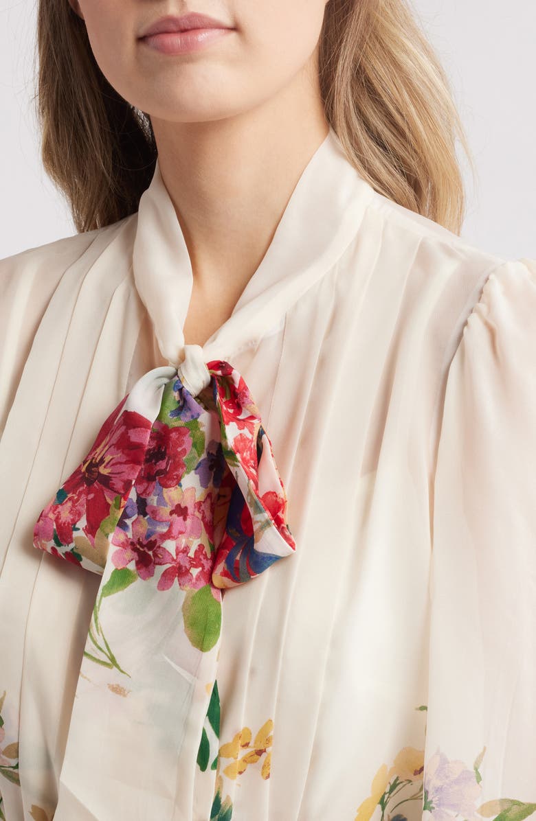 Julia Jordan Floral Print Tie Neck Long Sleeve Dress, Alternate, color, Ivory Multi