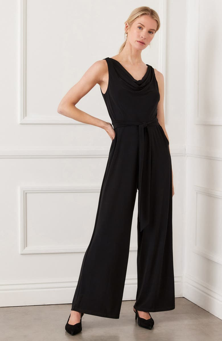 Karen Kane Camila Cowl Neck Travel Jersey Jumpsuit, Alternate, color, Black