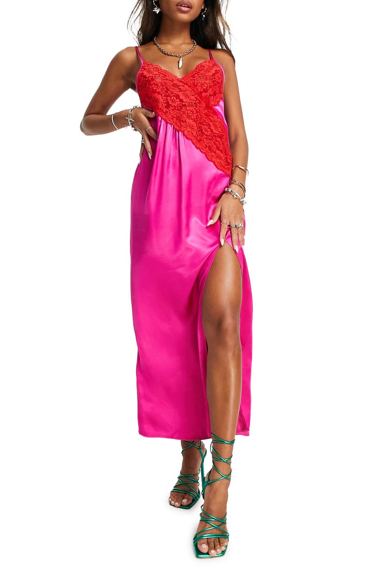 Contrast Lace Maxi Slipdress, Main, color, PINK
