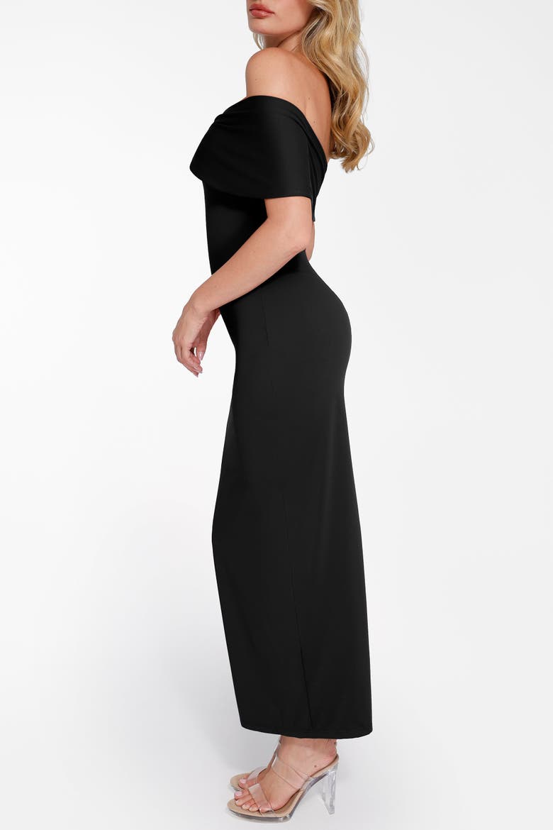 Built In Shapewear Off the Shoulder Column Midi Dress, Alternate, color, Jet
