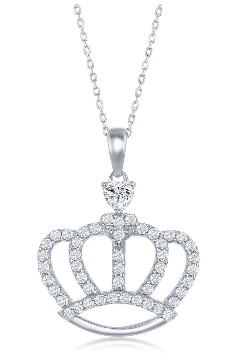 SIMONA Rhodium Plated Sterling Silver Pavé CZ Crown Pendant Necklace, Main, color, 