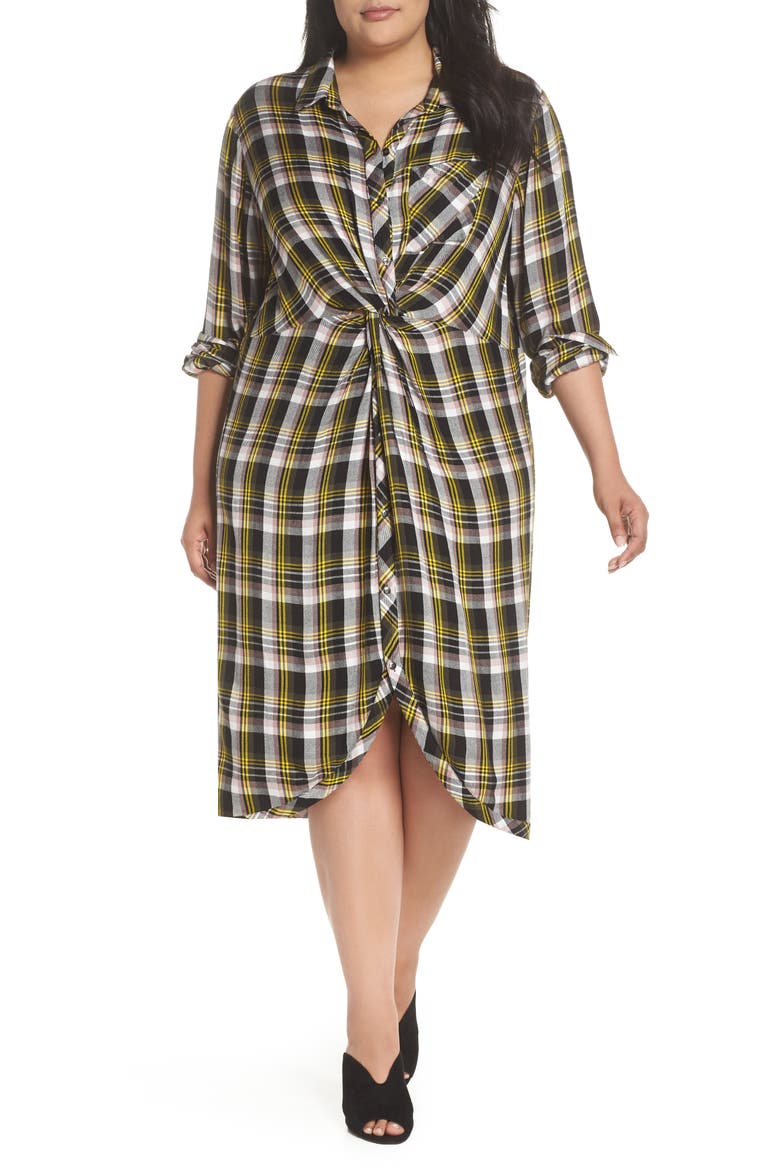 Knot Front Plaid Shirtdress, Main, color, BLACK- YELLOW ADELE PLAID