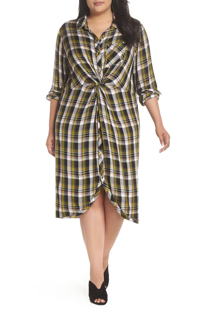 Caslon<sup>®</sup> Knot Front Plaid Shirtdress, Main, color, 