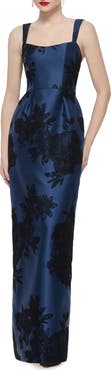 Alfred Sung Linden Floral Lace Matte Satin Gown