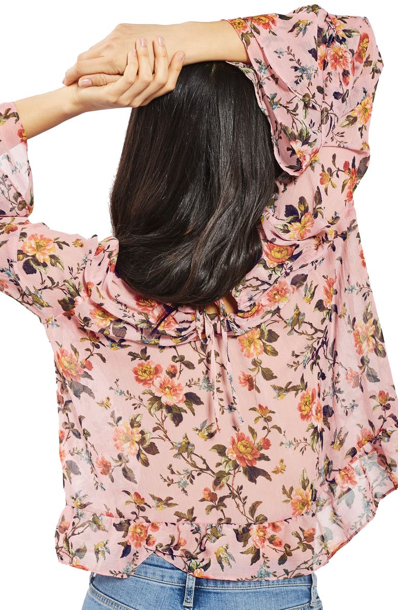 Topshop Floral Trumpet Sleeve Blouse, Alternate, color, 
