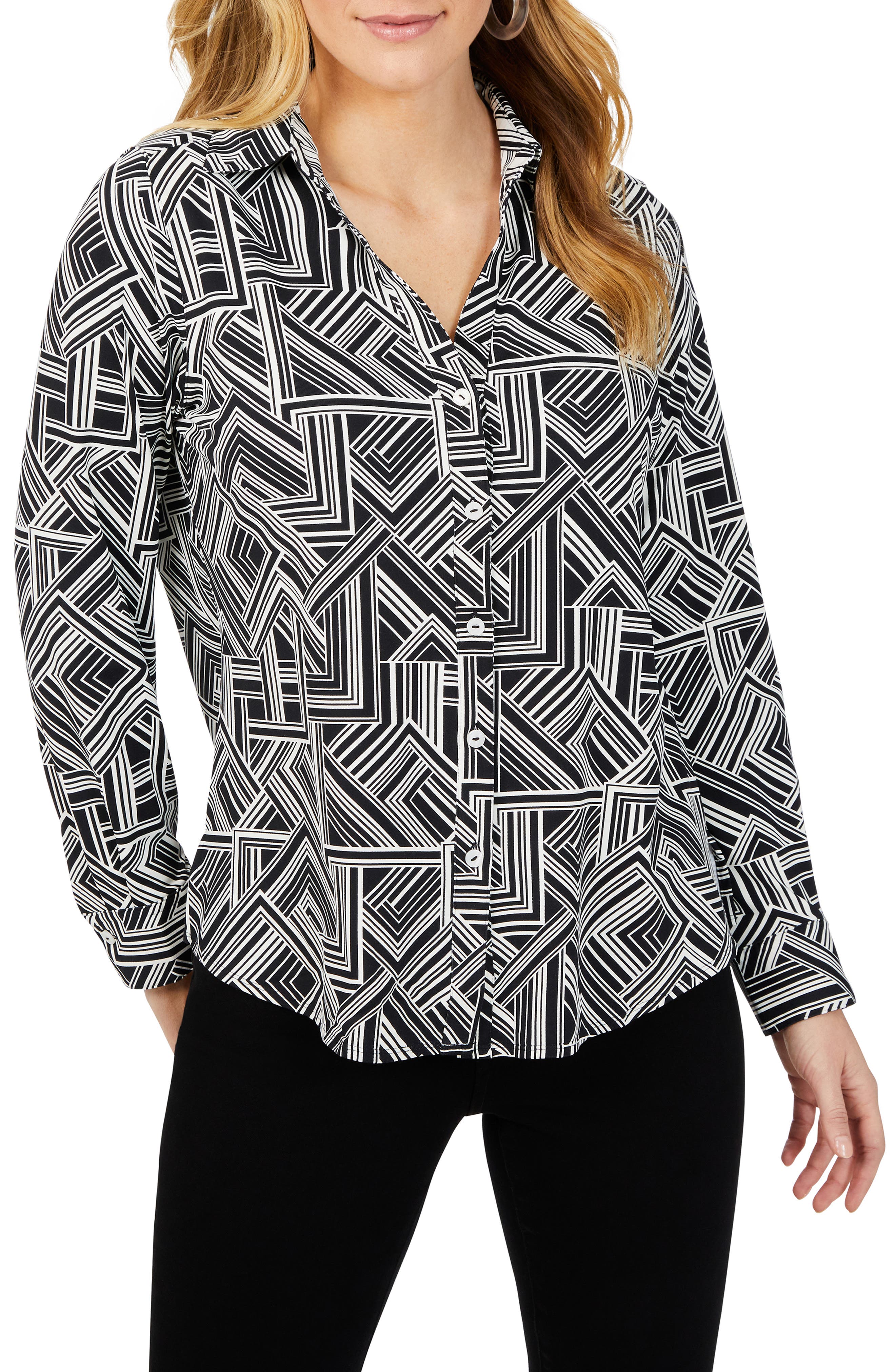 Foxcroft Mary Geometric Print Button-Up Shirt