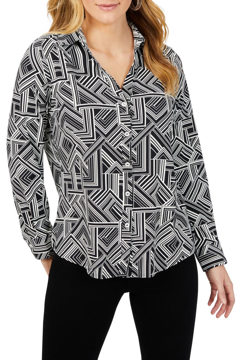 Mary Geometric Print Button-Up Shirt, Main, color, BLACK