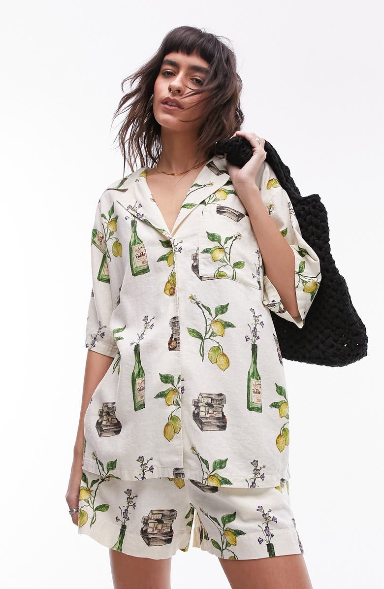 Topshop Still Life Print Linen Blend Short Sleeve Button-Up Shirt, Main, color,
