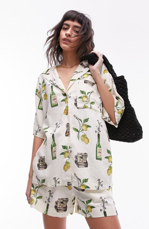Still Life Print Linen Blend Short Sleeve Button-Up Shirt