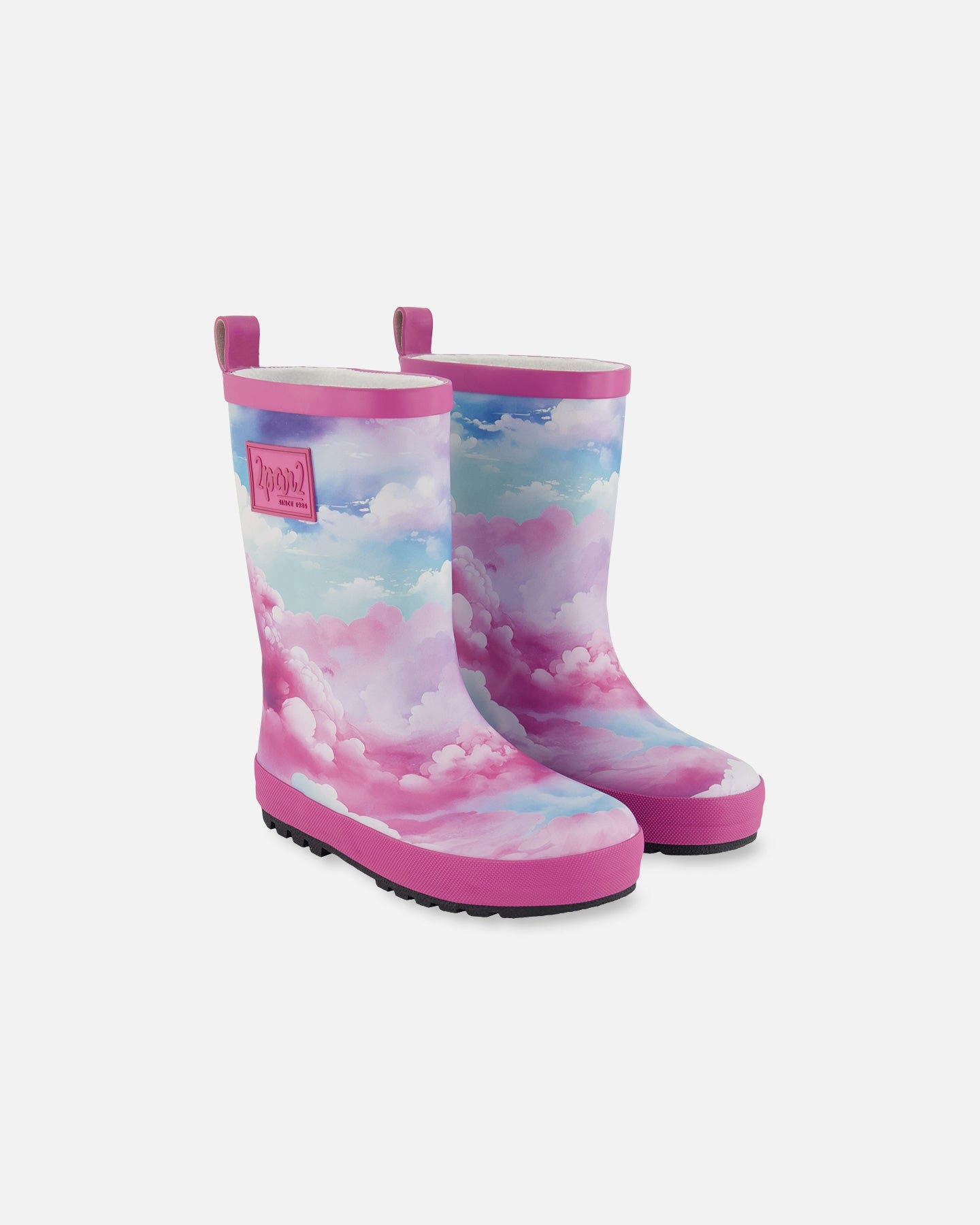 Deux par Deux Girl's Printed Rain Boots Multicolored And Vibrant Pink Background, Main, color, 