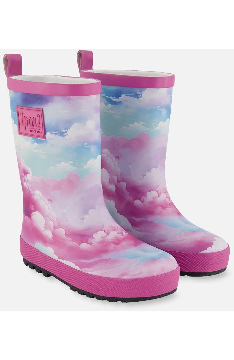Deux par Deux Girl's Printed Rain Boots Multicolored And Vibrant Pink Background, Main, color,
