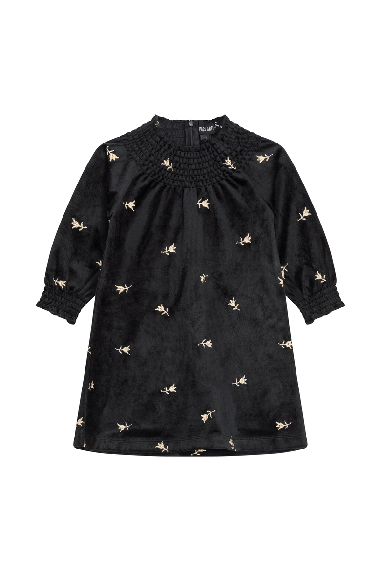 Long Sleeve Embroidered Velour Ruffle Neck Dress, Main, color, Black