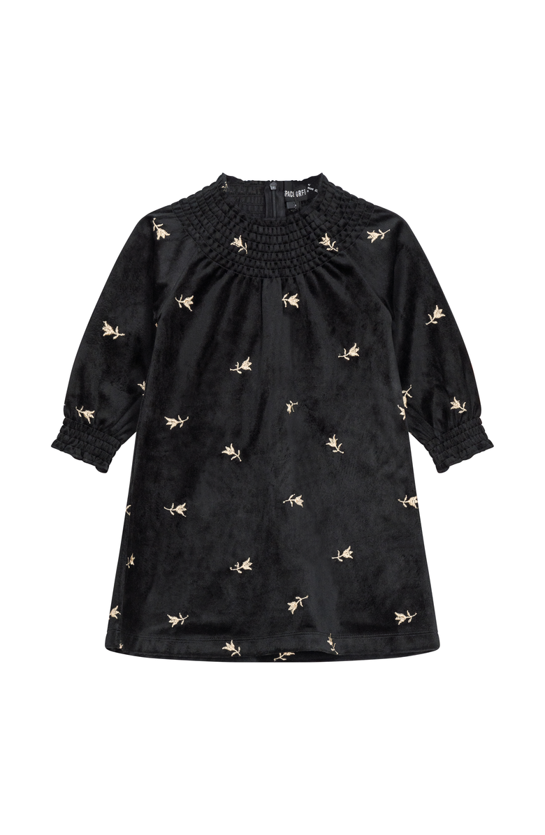 Space Grey Long Sleeve Embroidered Velour Ruffle Neck Dress, Main, color, Black