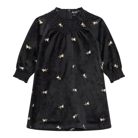 Long Sleeve Embroidered Velour Ruffle Neck Dress (Toddler, Little Kid & Big Kid)
