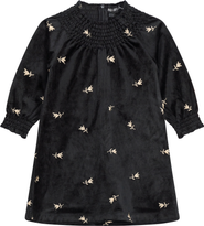 Space Grey Long Sleeve Embroidered Velour Ruffle Neck Dress