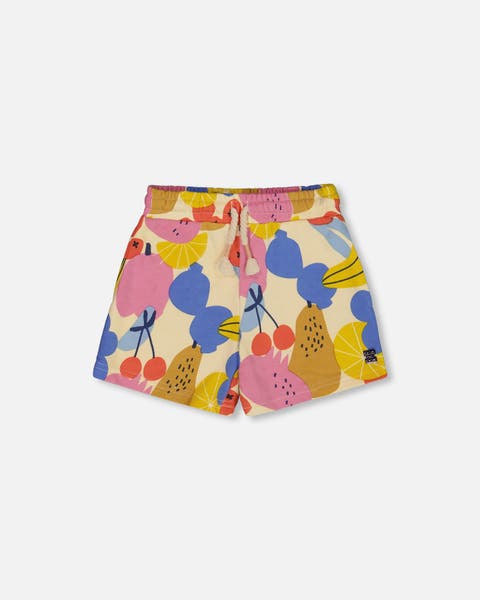 Girl's Printed French Terry Short Fruits On Yellow Background