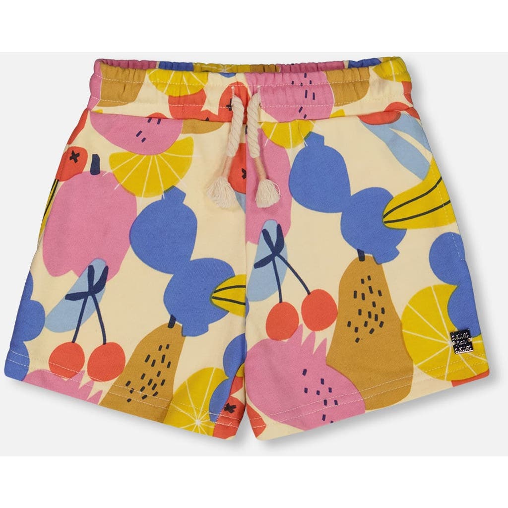 Deux Par Deux Little Girl's Printed French Terry Short Fruits On Yellow Background In Fruits On Yellow Background