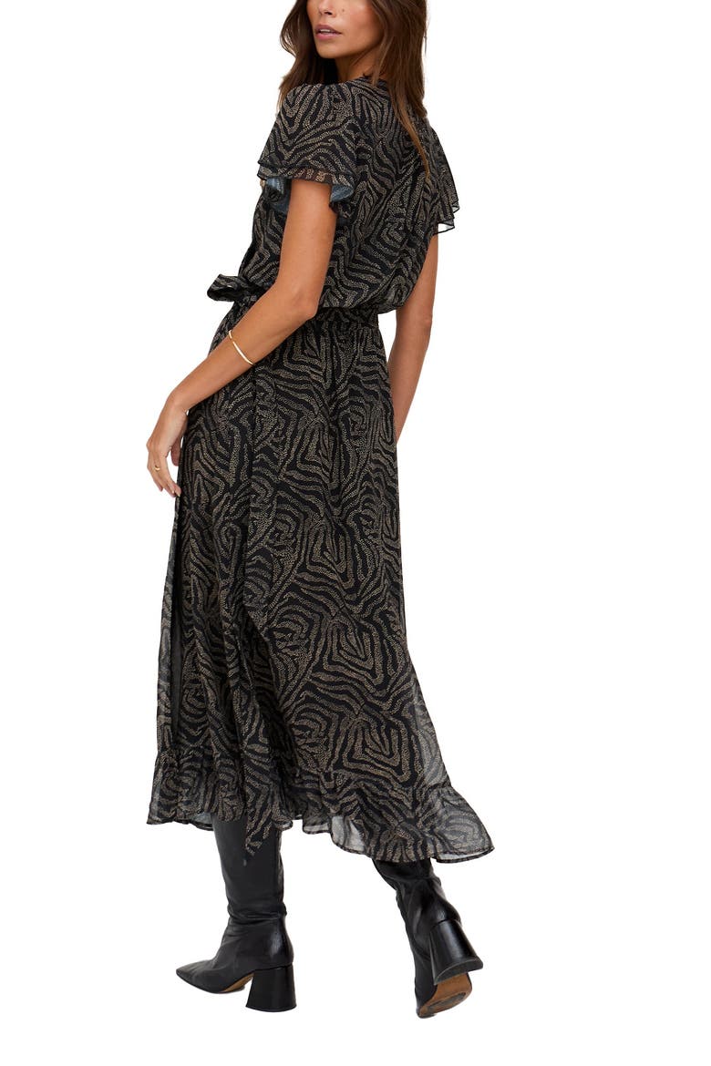 Devina Ruffle Detail Zebra Print Maxi Dress, Alternate, color, Black