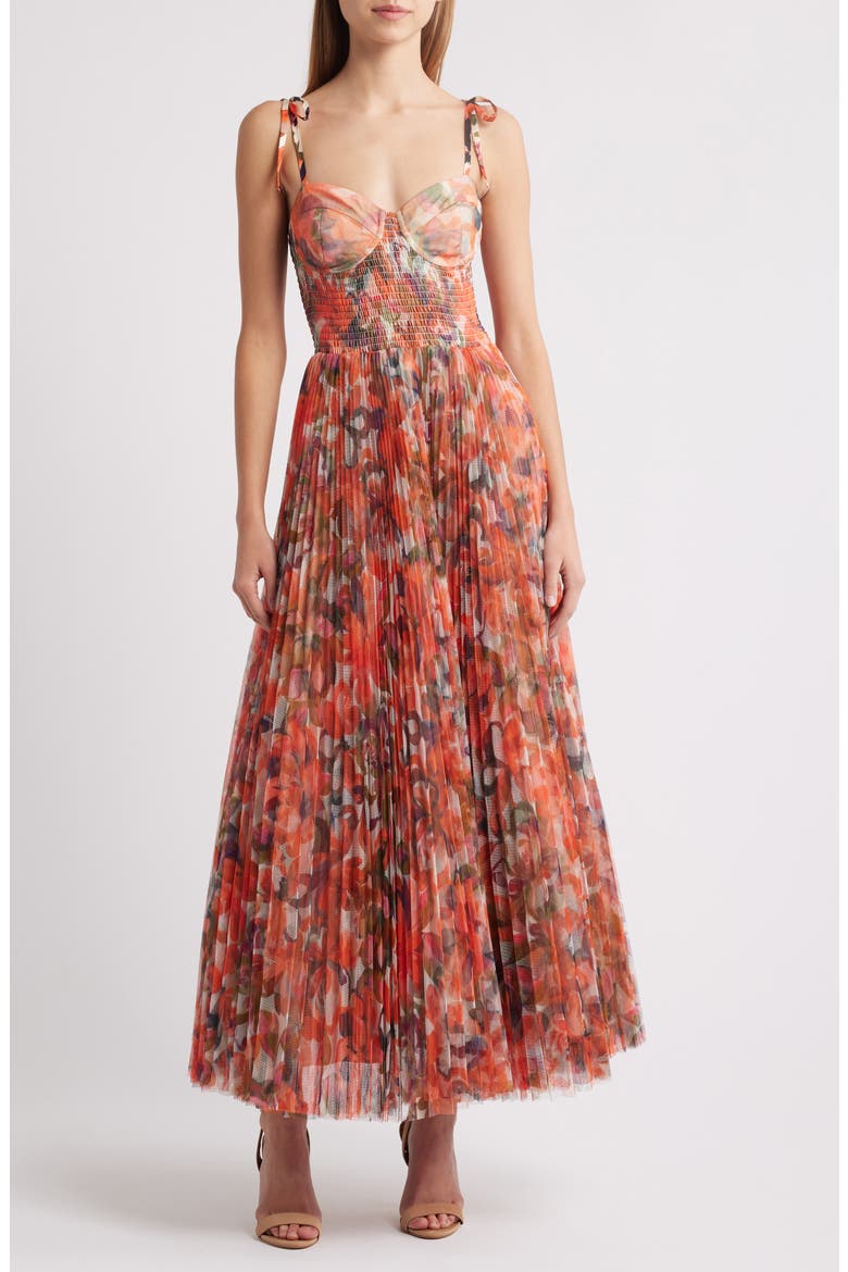 Smocked Tulle Gown, Main, color, ORANGE PAINTED LUSH TROPICAL