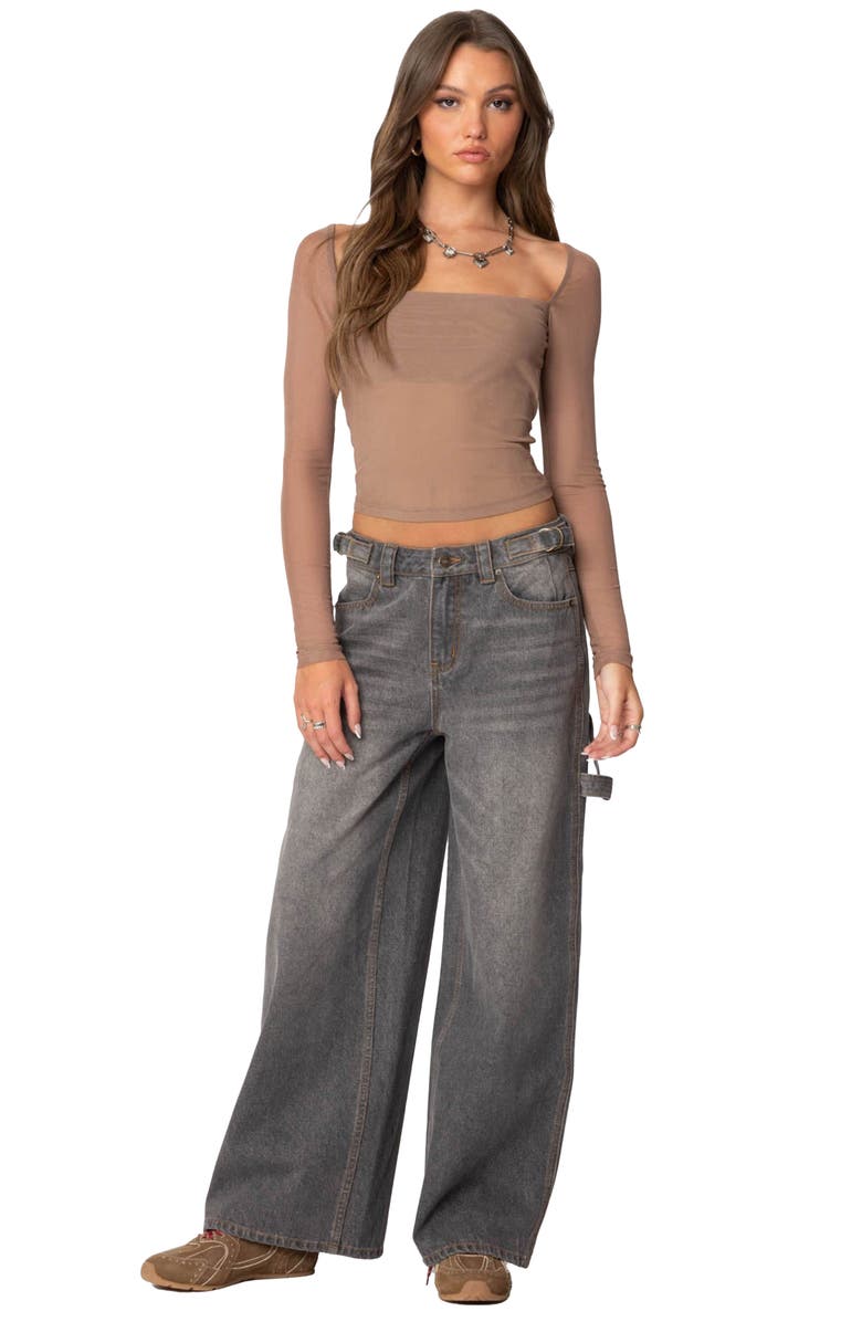 EDIKTED Marta Mesh Crop Top, Alternate, color, Brown