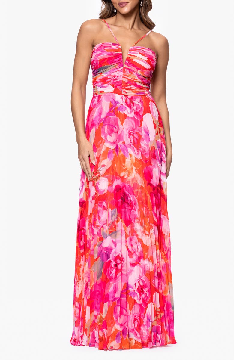 Xscape Evenings Floral Pleated Chiffon Gown, Main, color, Red/ Pink