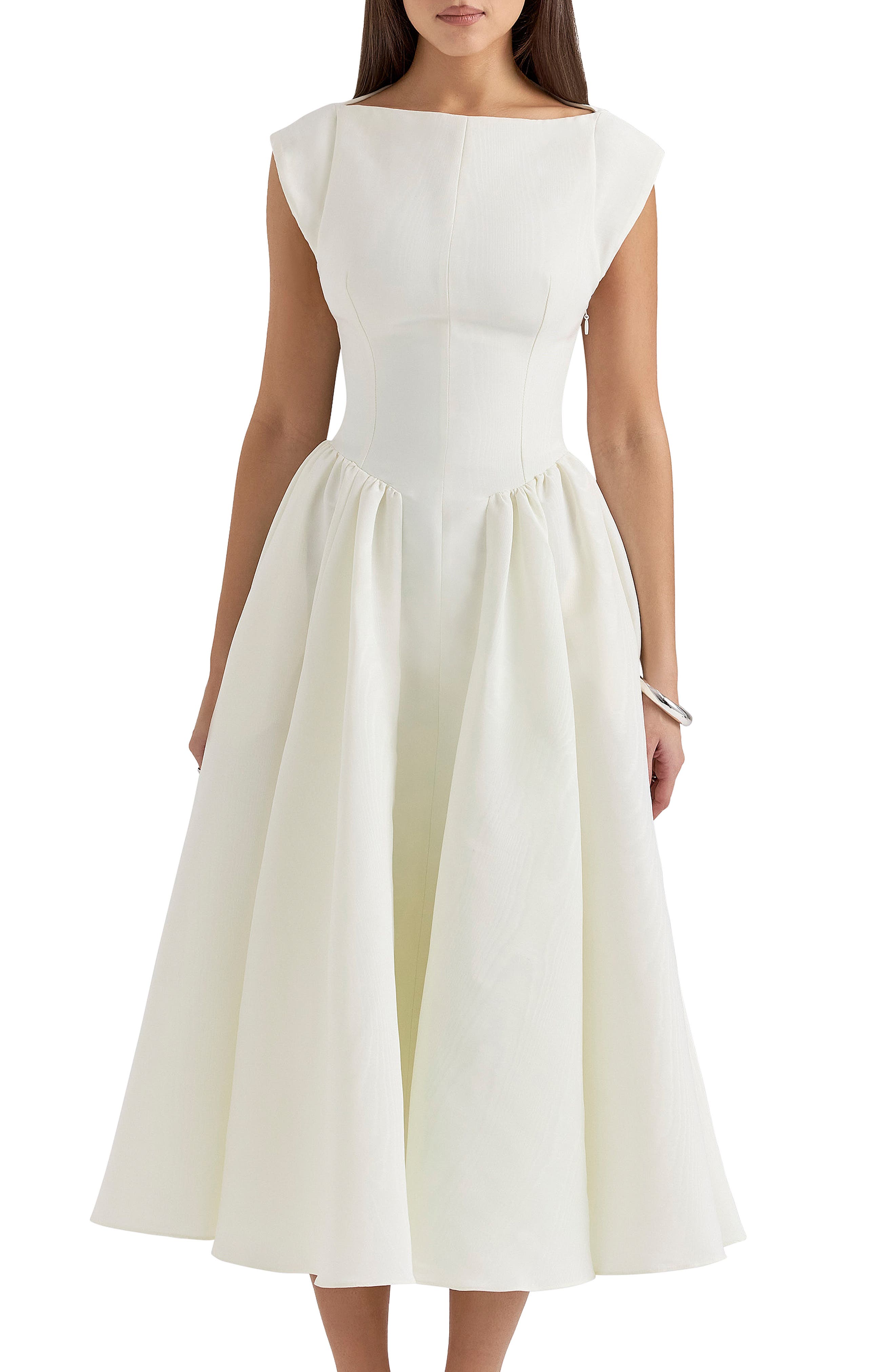 house of cb backless dress Womens Ivory Debutante Cap-Sleeve Satin Midi S Size:S (Pre-Order 5-10 Business Days) out back Cute Gift Boho Beach Backless Tie