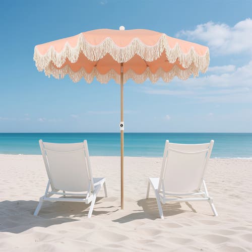 Jonathan Y Mariner 6.5 Ft. Classic Cottage Fringe Tassel Market Beach Umbrella With Push Button Tilt In Pink