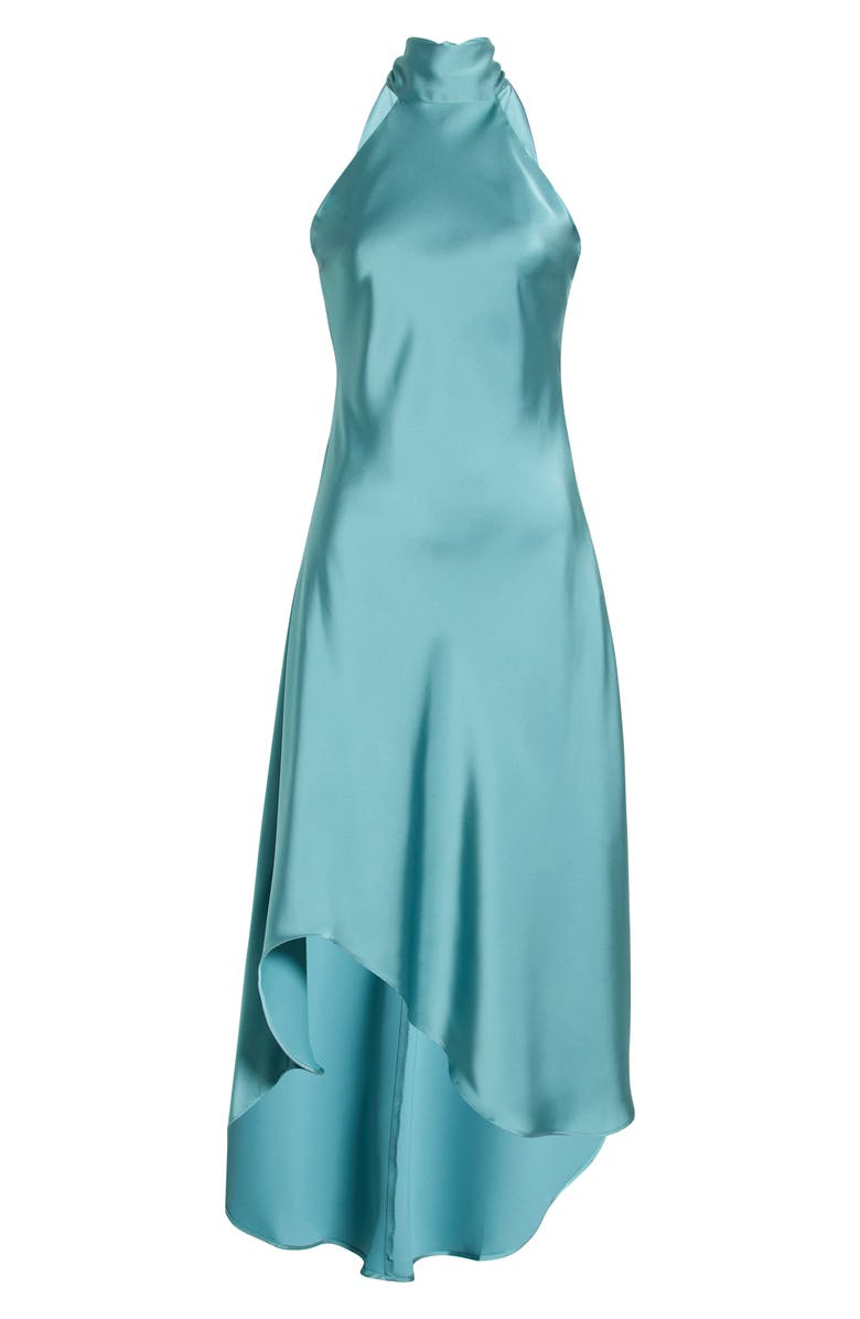 CeCe Tie Back Sleeveless High/Low Satin Gown, Alternate, color, Peacock Teal