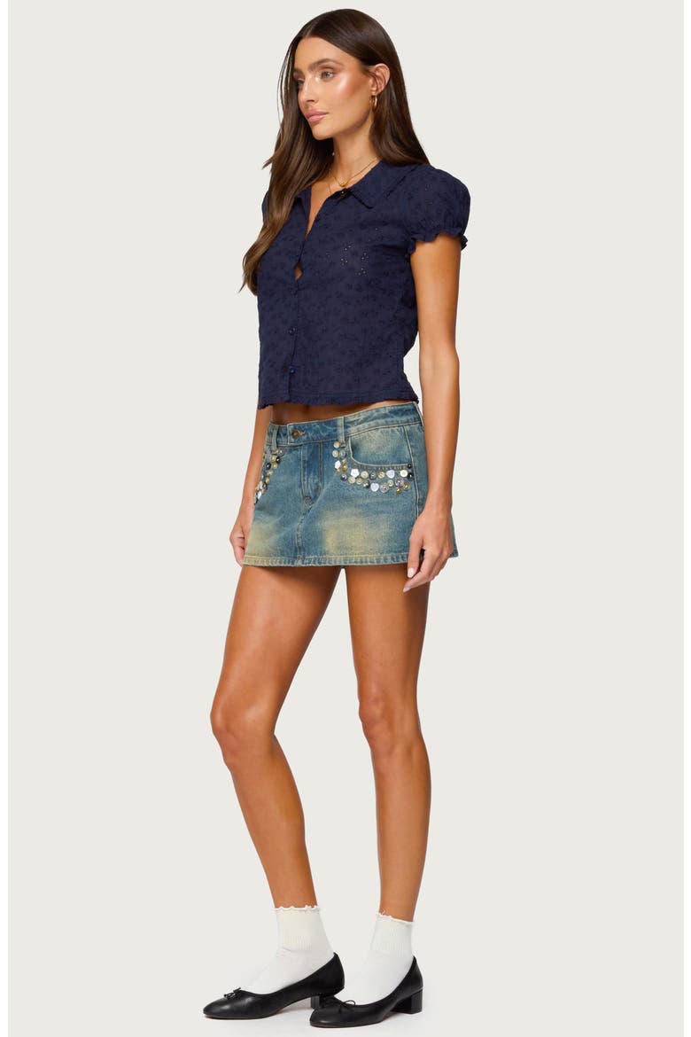 Lanie Eyelet Short Sleeve Crop Button-Up Shirt, Alternate, color, NAVY