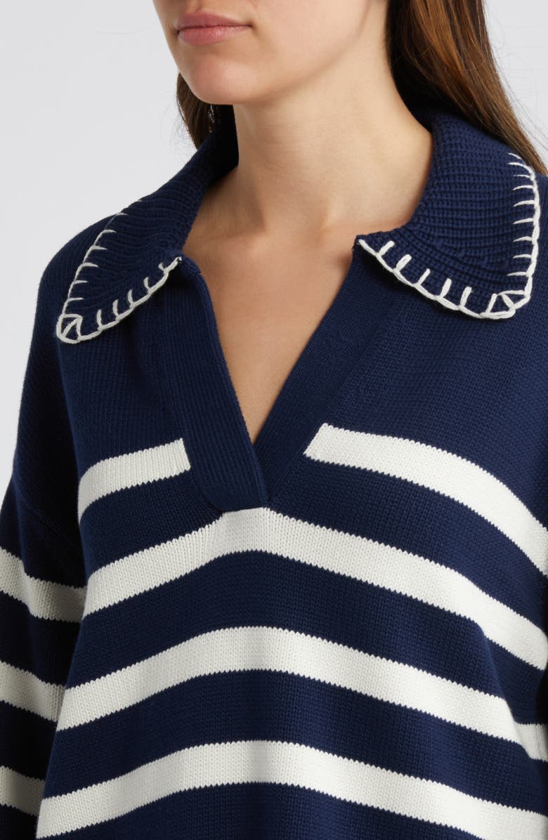 Rails Athena Stripe Cotton Johnny Collar Polo Sweater, Alternate, color, Navy Ivory Stripe