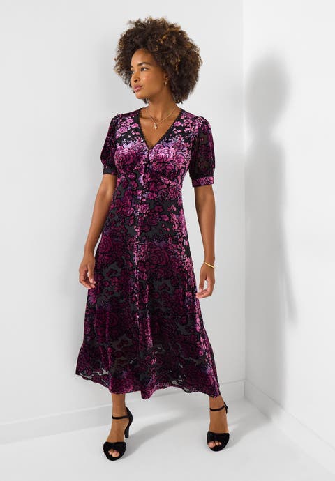 Burnout Velvet V Neck Midi Dress