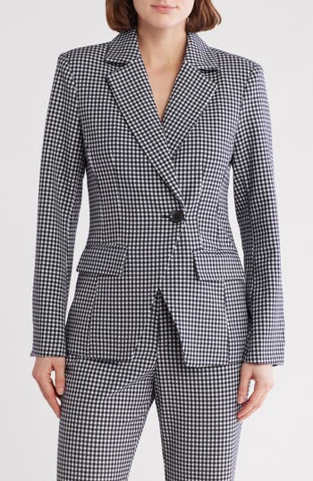 Shop Avec Les Filles Double Breasted Blazer Jacket In Navy White Gingham