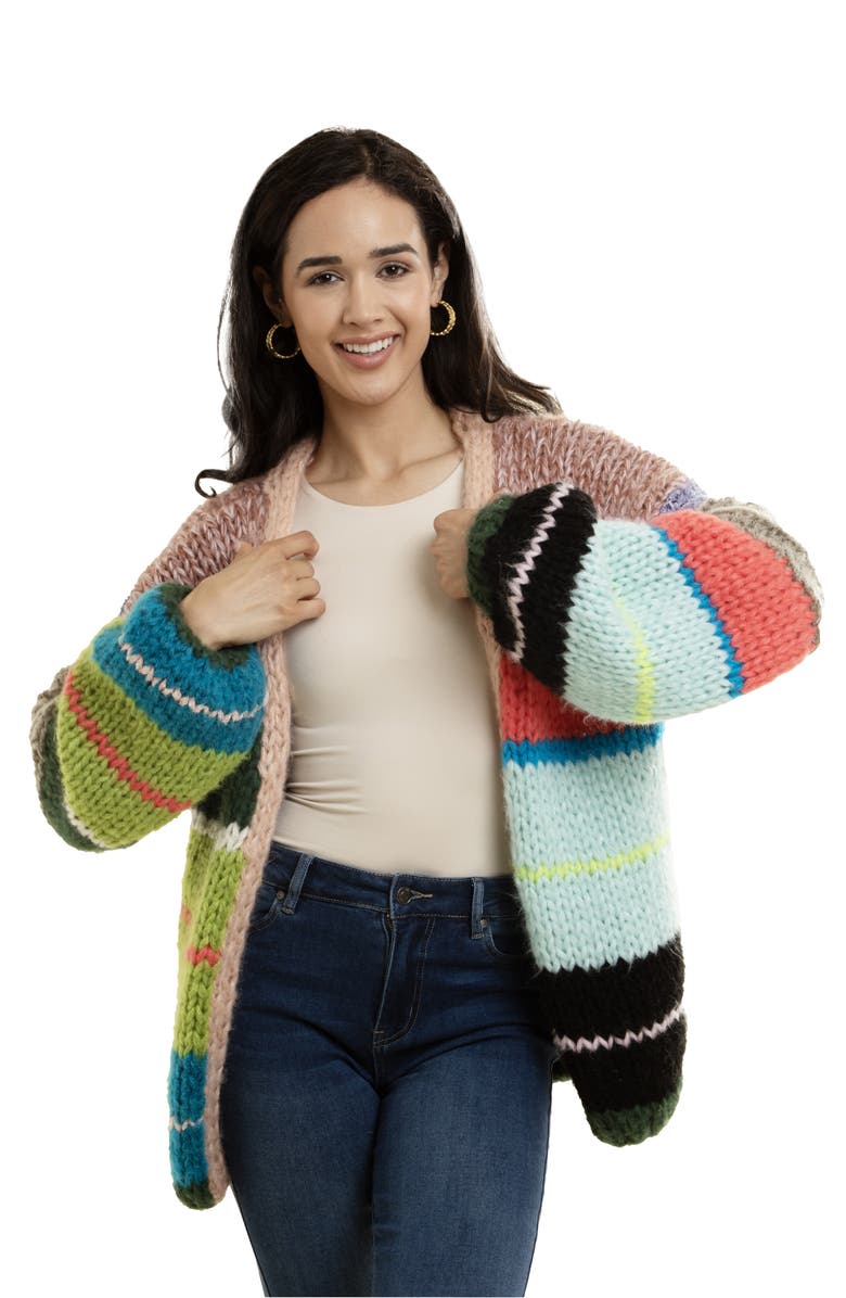 SAACHI Rainbow Chunky Knit Cardigan, Alternate, color, Black/ Blue/ Red Multi