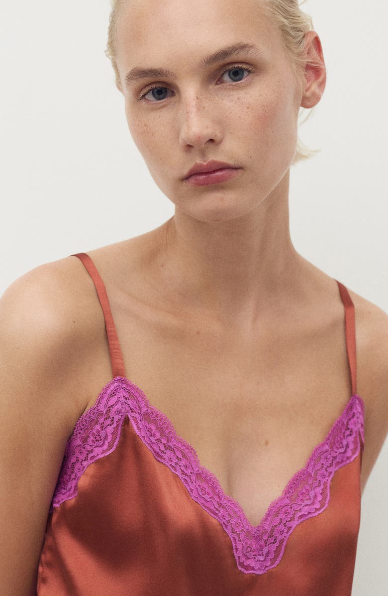 MANGO Contrast Lace Silk Camisole, Alternate, color, Brown
