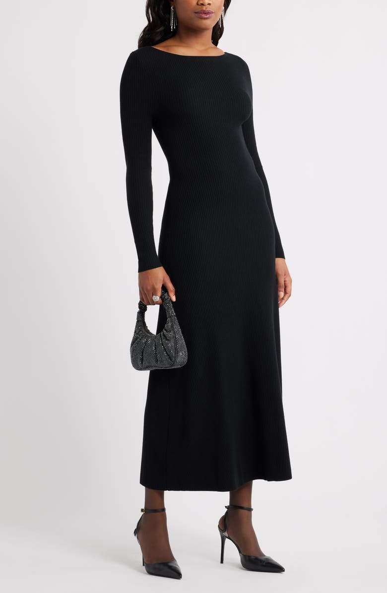 Open Edit Long Sleeve Rib Maxi Dress, Alternate, color, Black