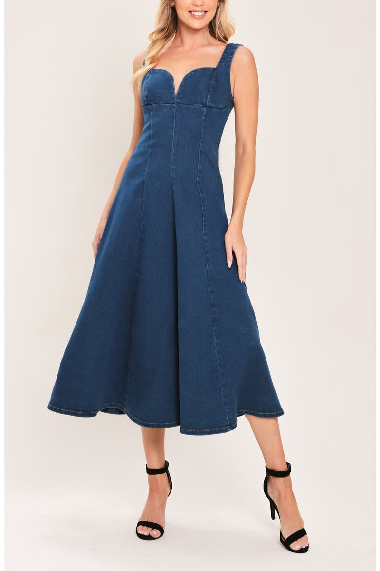 Sleeveless Fit & Flare Denim Midi Dress, Alternate, color, MEDIUM INDIGO