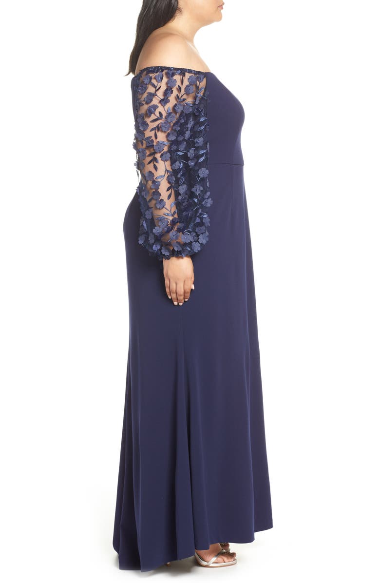 Eliza J Off the Shoulder 3D Floral Sleeve Scuba Crepe Evening Dress, Alternate, color, 