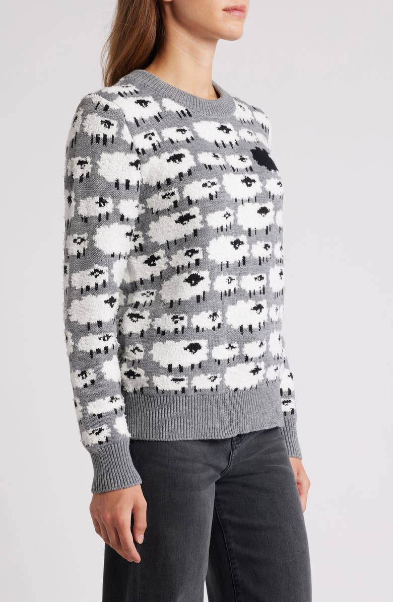Bobeau Sheep Jacquard Sweater, Alternate, color, Charcoal/ White