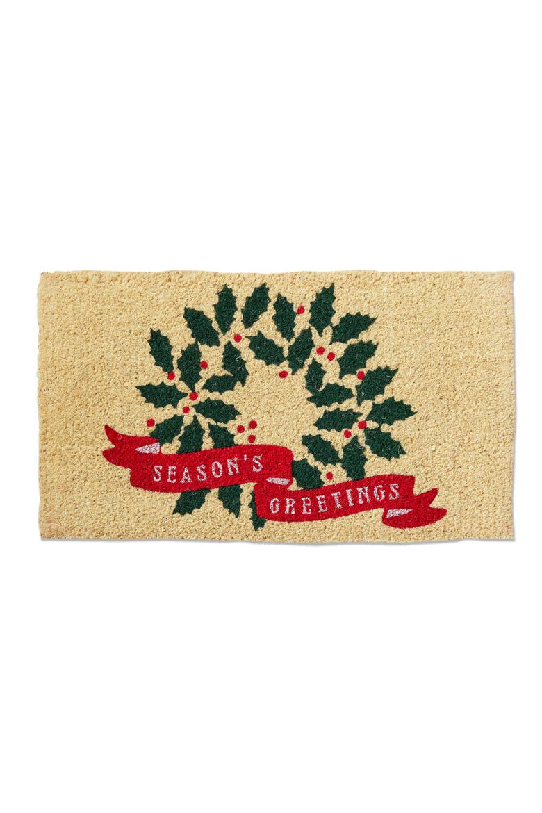 Season's Greetings Coir Door Mat - Christmas Wreath Design, Main, color, Green