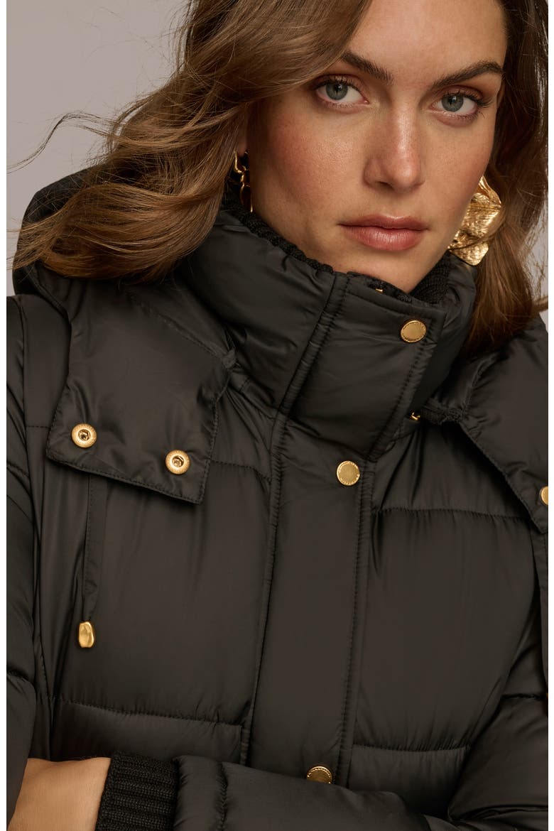 Hooded Ribbed Trim Puffer Jacket, Alternate, color, BLACK