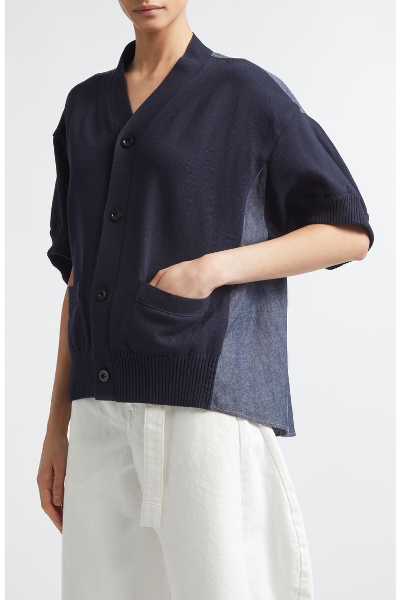 Short Sleeve Mixed Media Cardigan, Alternate, color, NAVY/ BLUE