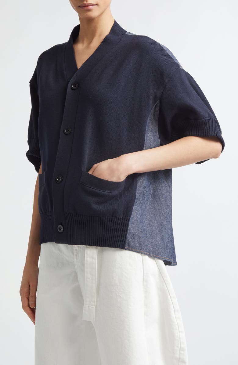 Sacai Short Sleeve Mixed Media Cardigan, Alternate, color, Navy/ Blue