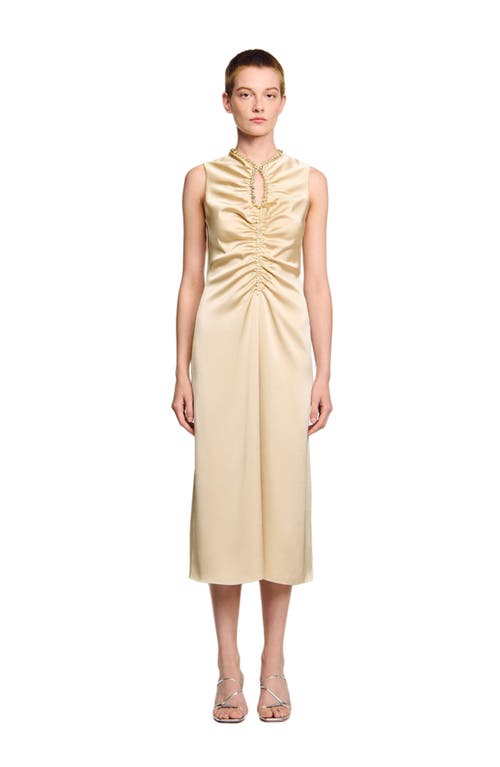 Sandro Womens Sand Rhinestone-embellished Ruched Satin Midi Dress