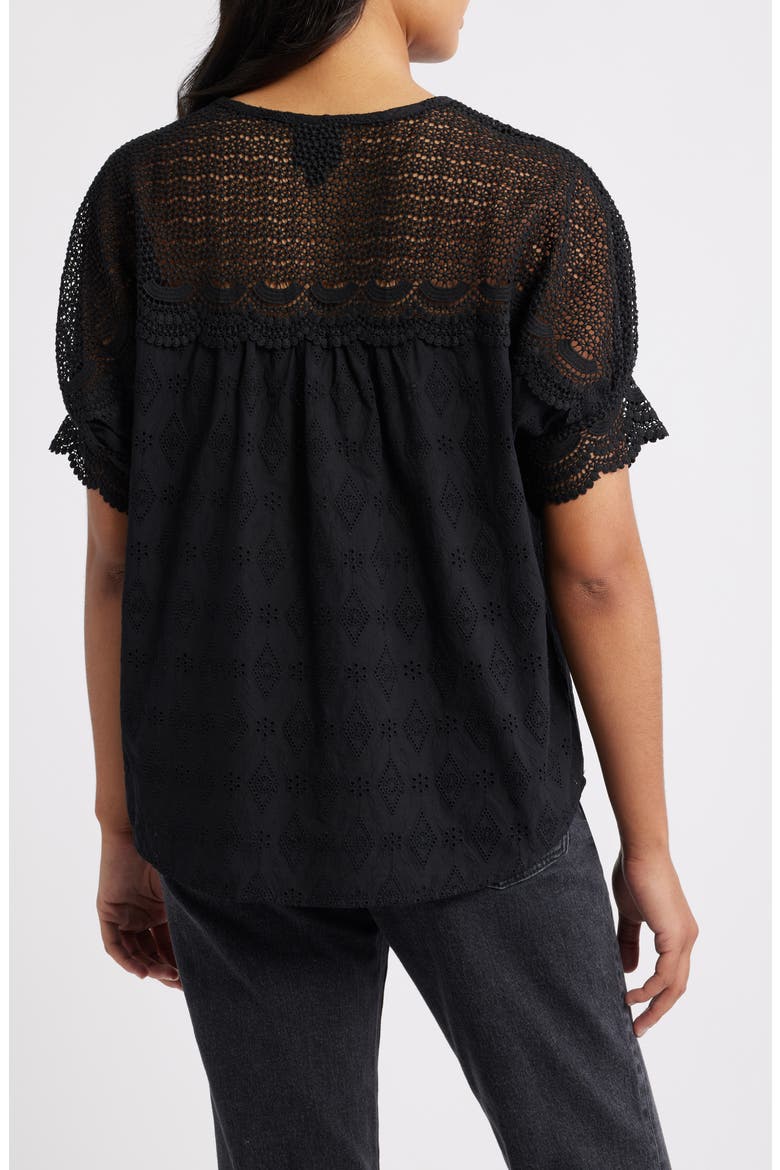Lace Yoke Cotton Top, Alternate, color, BLACK