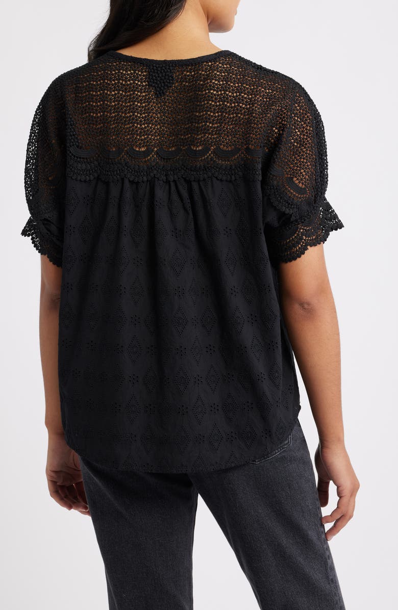 Bobeau Lace Yoke Cotton Top, Alternate, color, Black