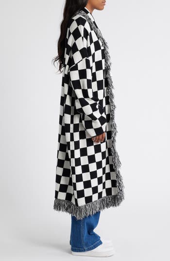 Checkerboard Fringe Detail Blanket Cardigan