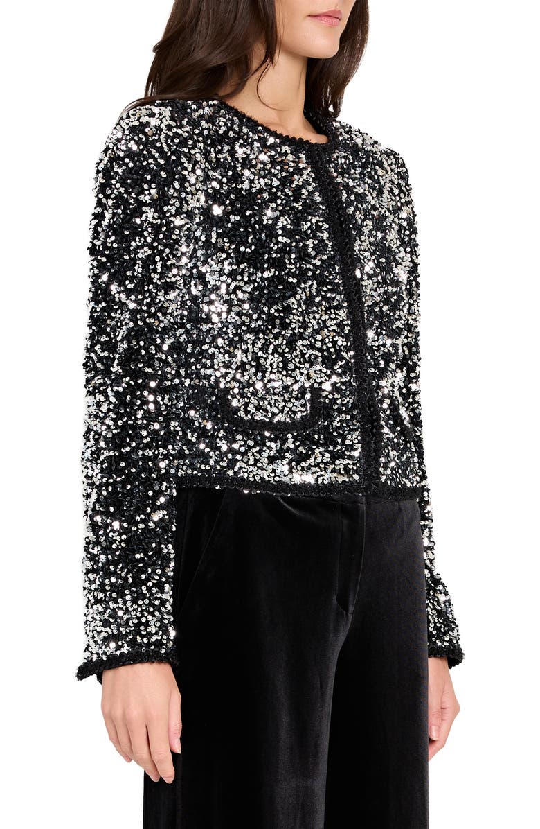 Tahari ASL Corded Braid Trim Sequin Jacket, Alternate, color, Silver Black