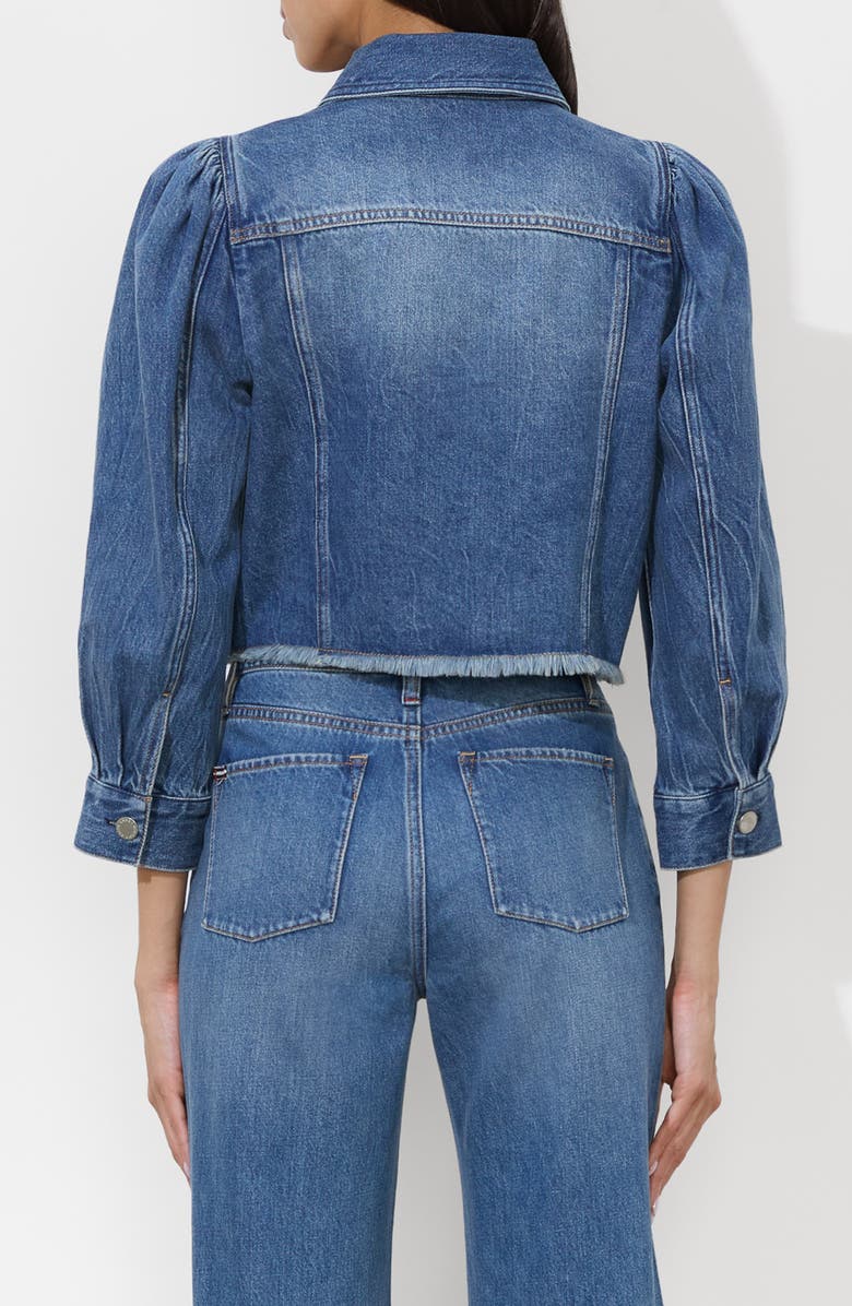 Alice + Olivia Lana Puff Sleeve Raw Hem Denim Jacket, Alternate, color, Brooklyn Blue